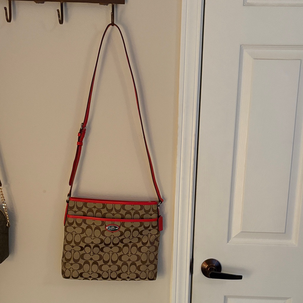 Coach Crossbody Bag - Tan With Red Trim